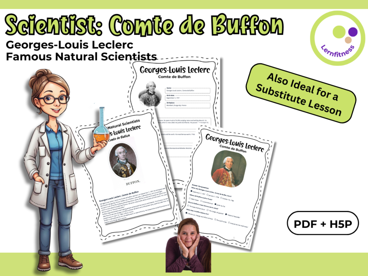 An educational teaching resource from Lernfitness entitled Scientist Comte de Buffon – Fact Sheet, Quiz and Interactive Exercises downloadable at Teach Simple.