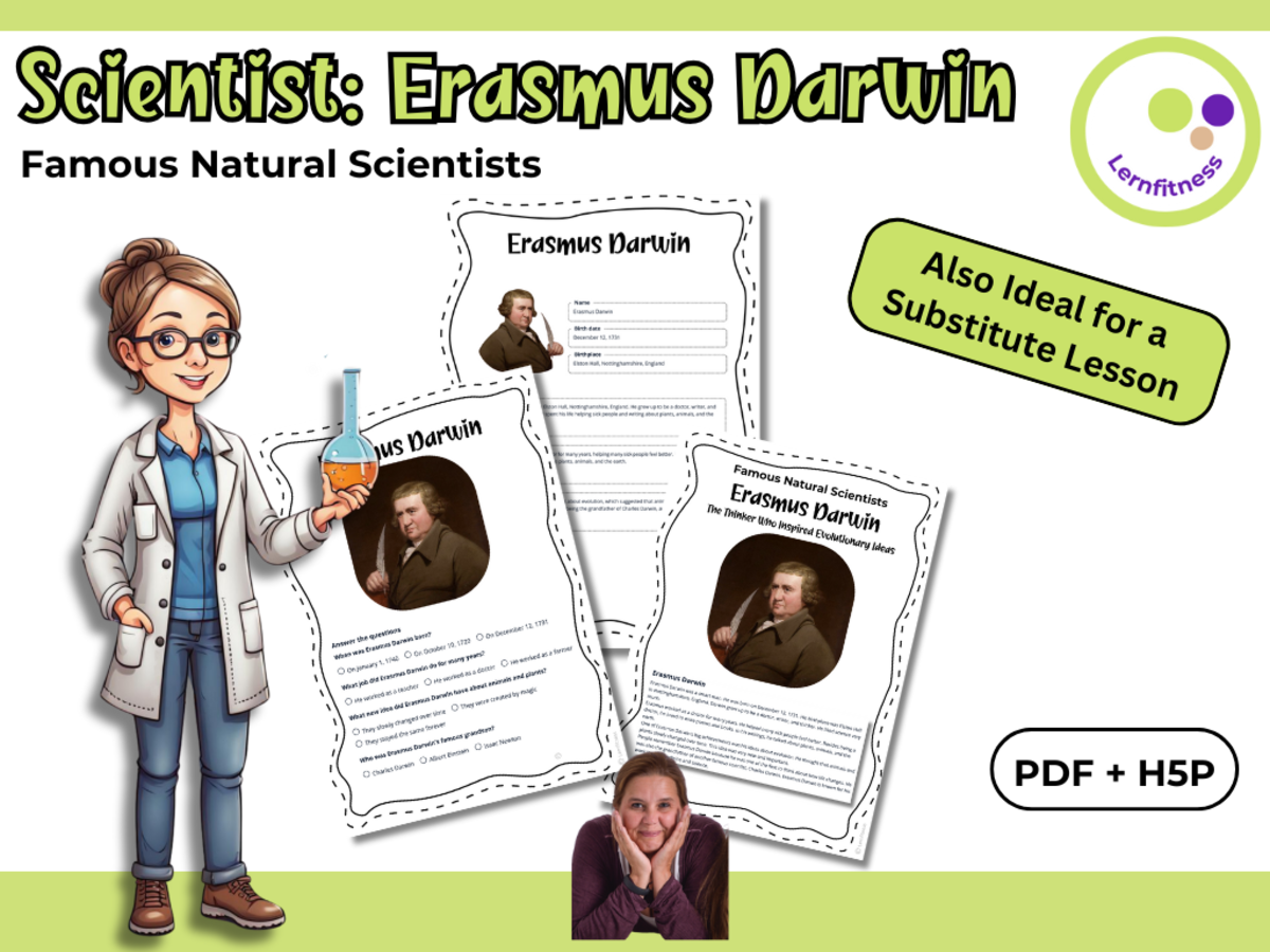 An educational teaching resource from Lernfitness entitled Scientist Erasmus Darwin Fact Sheet, Quiz + Exercises | PDF + H5P downloadable at Teach Simple.