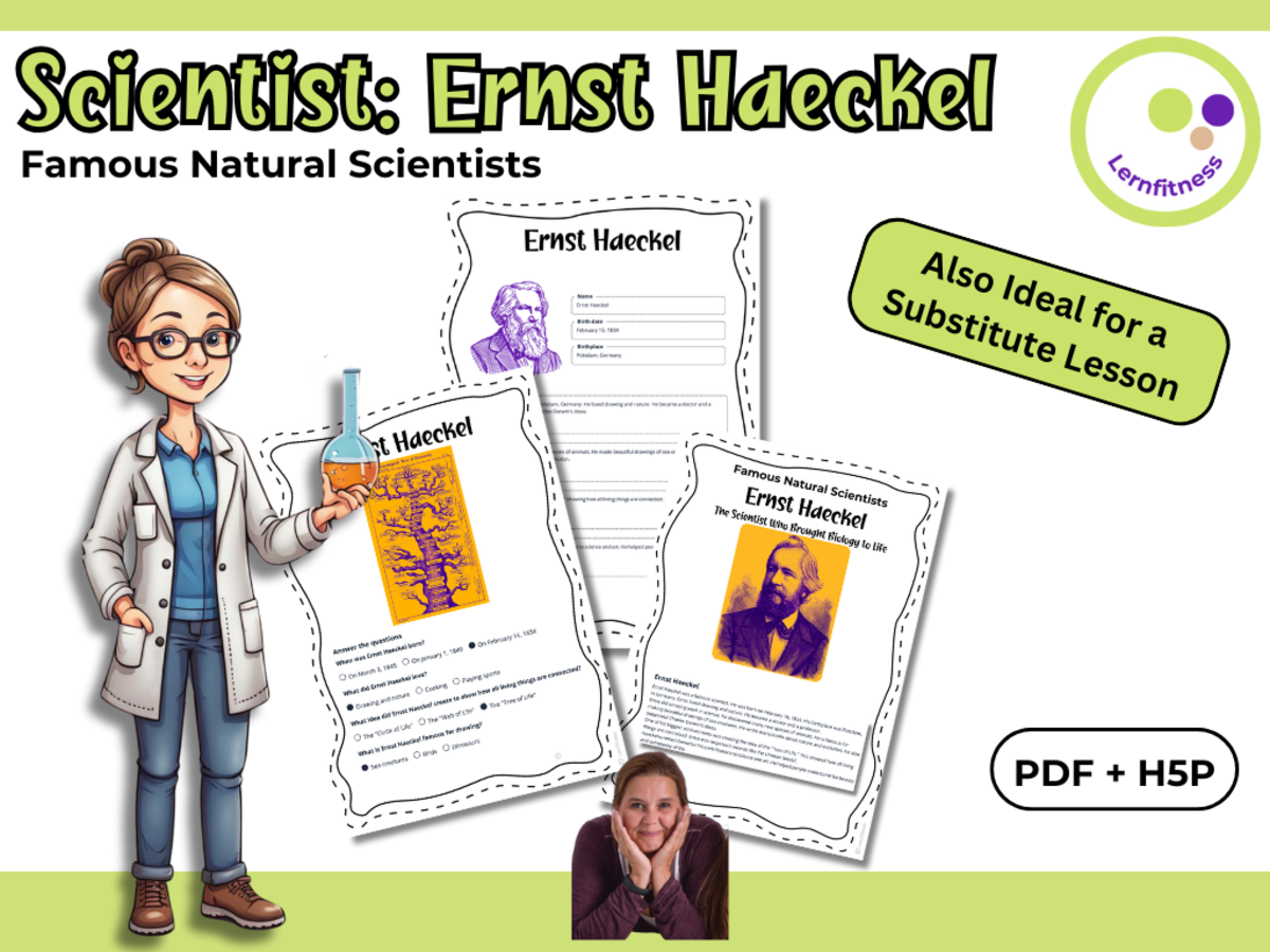 An educational teaching resource from Lernfitness entitled Scientist Ernst Haeckel Fact Sheet, Quiz + Exercises | PDF + H5P downloadable at Teach Simple.