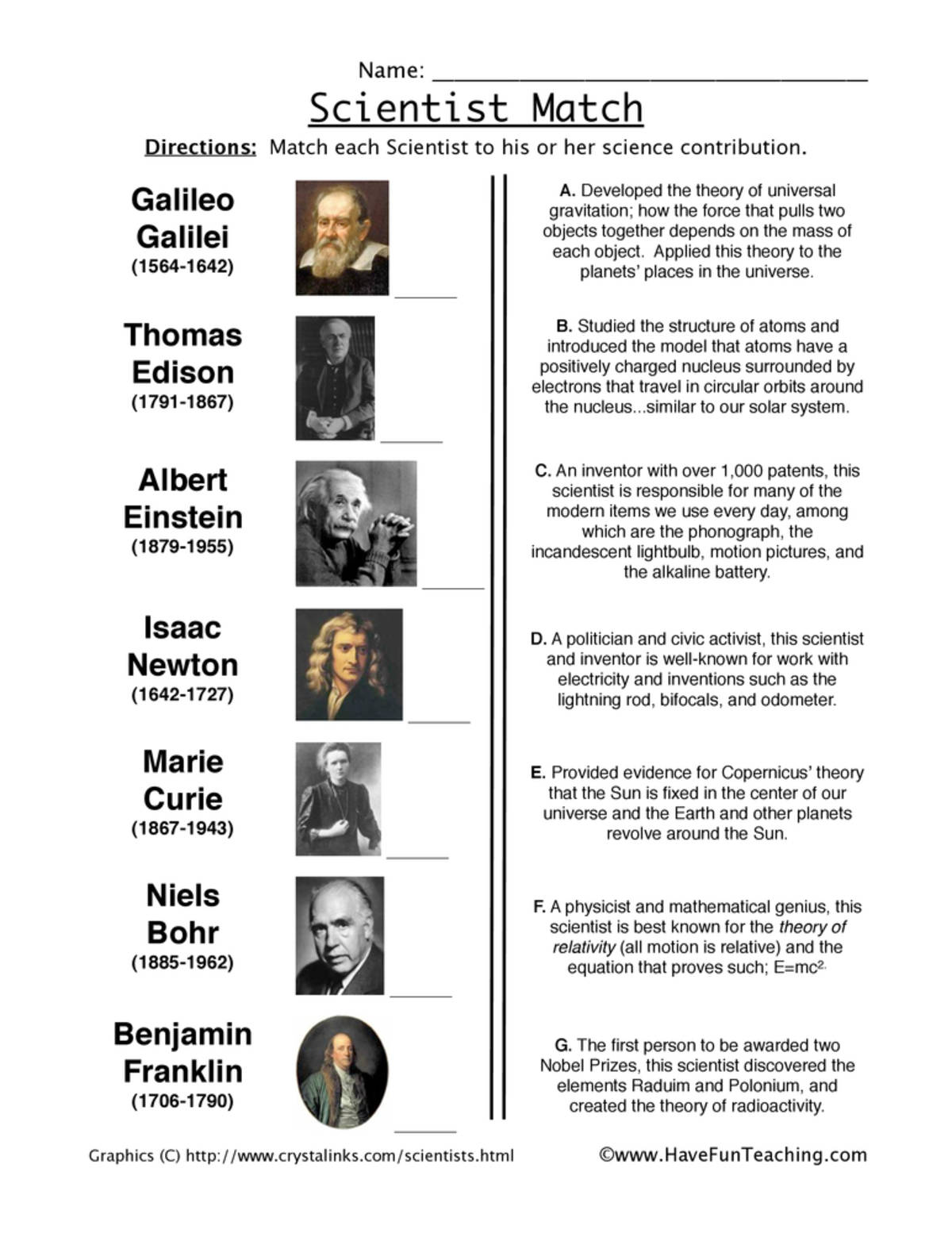 An educational teaching resource from Have Fun Teaching entitled Scientist Matching Worksheet downloadable at Teach Simple.