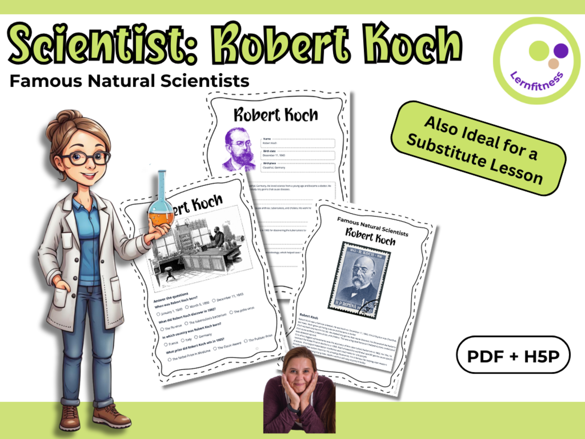 An educational teaching resource from Lernfitness entitled Scientist Robert Koch Fact Sheet, Quiz + Exercises | PDF + H5P downloadable at Teach Simple.