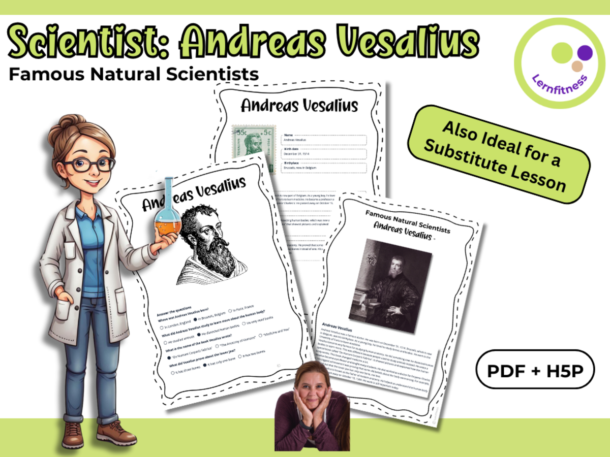 An educational teaching resource from Lernfitness entitled Scientist: Vesalius – Fact Sheet, Quiz, and Interactive Exercises downloadable at Teach Simple.