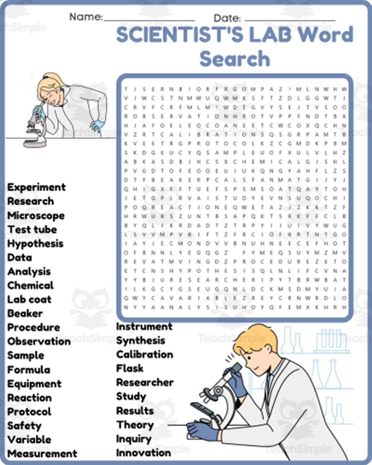 An educational teaching resource from space shope entitled SCIENTIST'S LAB Word Search Worksheet Activity (5th, 6th, 7th & 8th downloadable at Teach Simple.