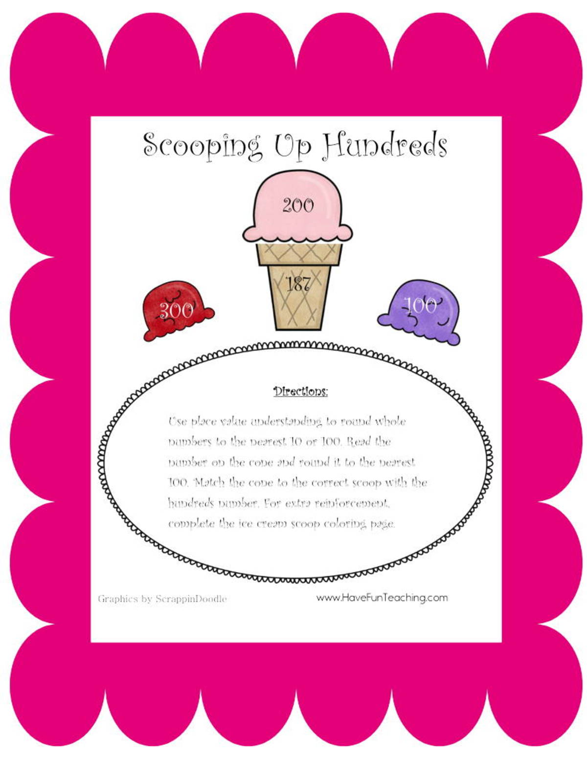 An educational teaching resource from Have Fun Teaching entitled Scooping Up Hundreds Rounding Activity downloadable at Teach Simple.
