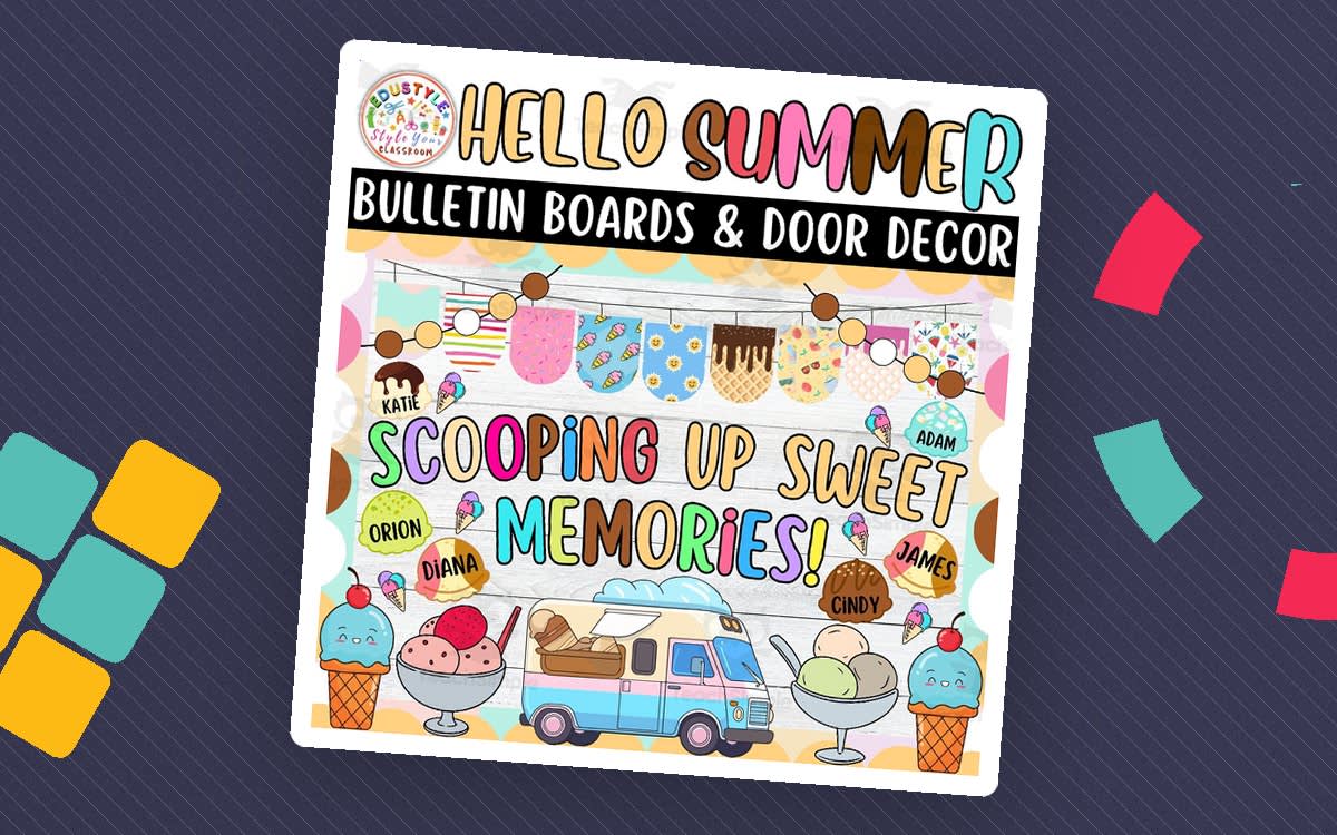 An educational teaching resource from Style Your Classroom entitled Scooping Up Sweet Memories!: Summer Bulletin boards & door Decor kit downloadable at Teach Simple.