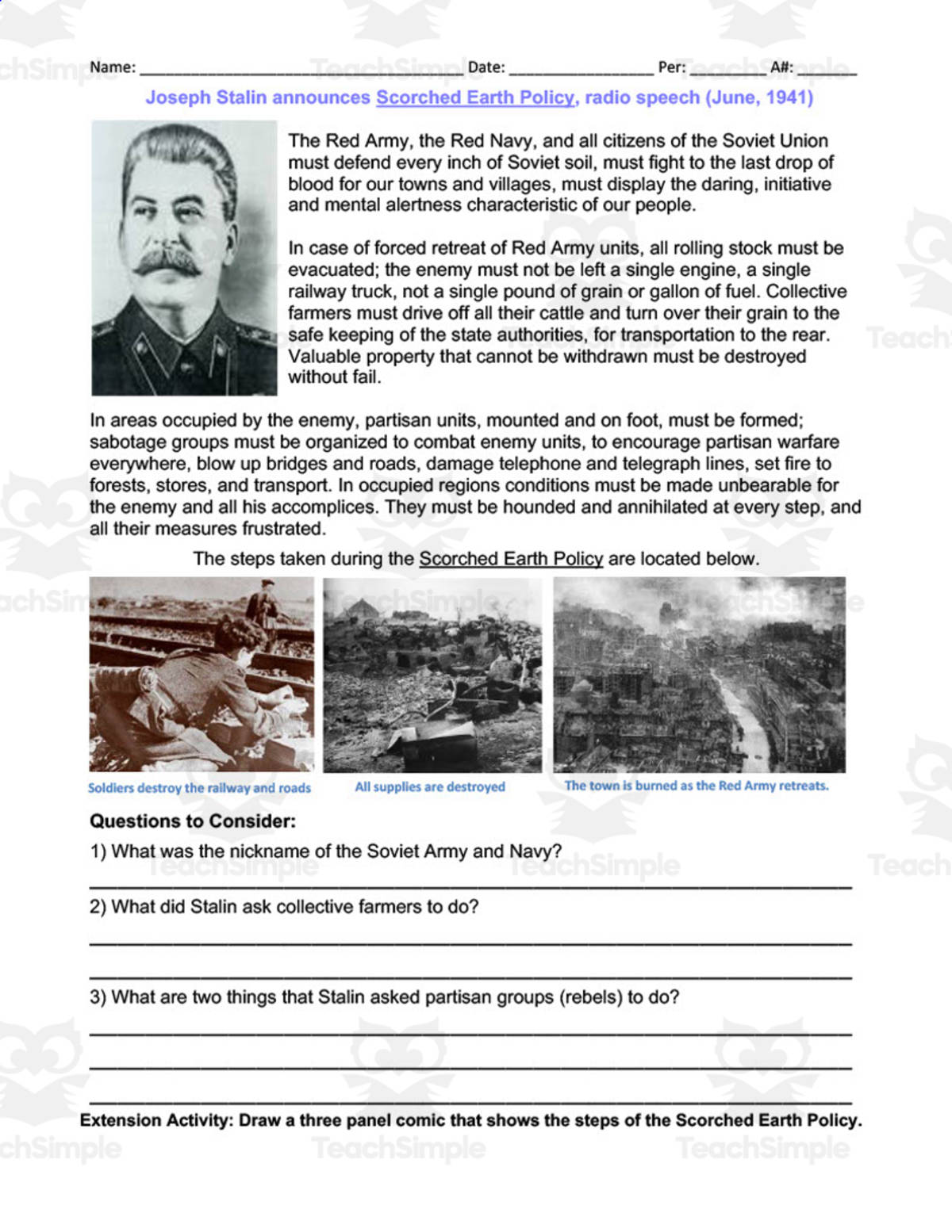 An educational teaching resource from DrDrew entitled Scorched Earth Policy | Comprehension Questions downloadable at Teach Simple.
