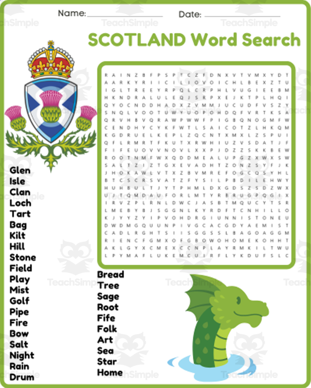 An educational teaching resource from space shope entitled SCOTLAND Word Search Puzzle Worksheet Activity downloadable at Teach Simple.