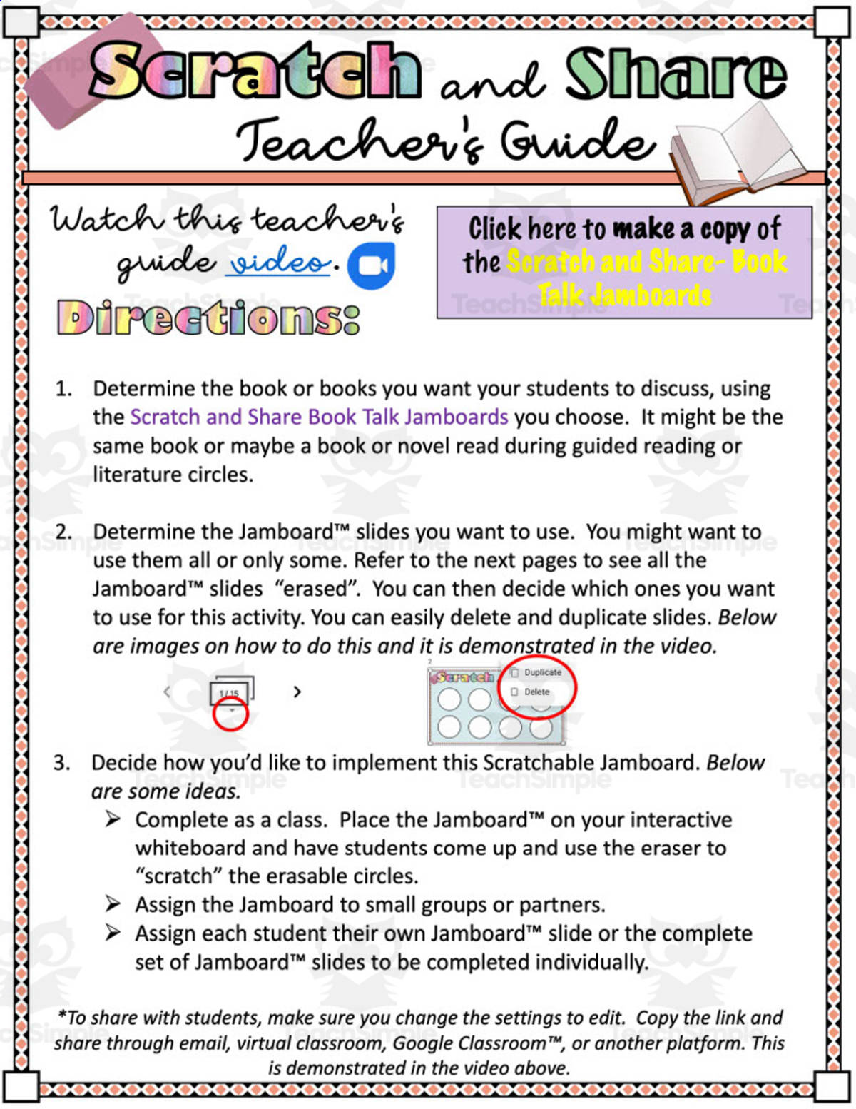 An educational teaching resource from Creativity Overload entitled Scratch and Share Jamboard Book Talk Activity downloadable at Teach Simple.