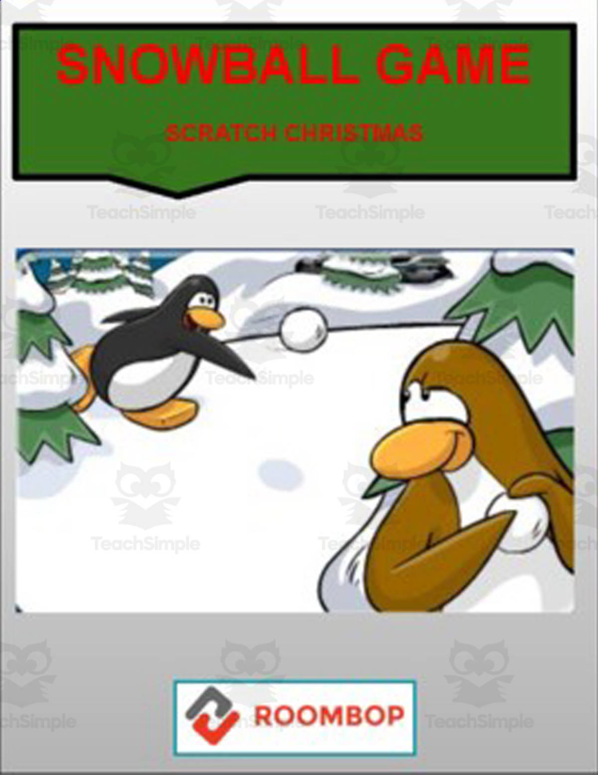 An educational teaching resource from Roombop entitled Scratch Christmas: Snowball Game downloadable at Teach Simple.