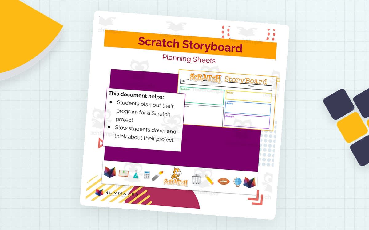An educational teaching resource from WhyMaker entitled Scratch Storyboard Planning Sheet downloadable at Teach Simple.