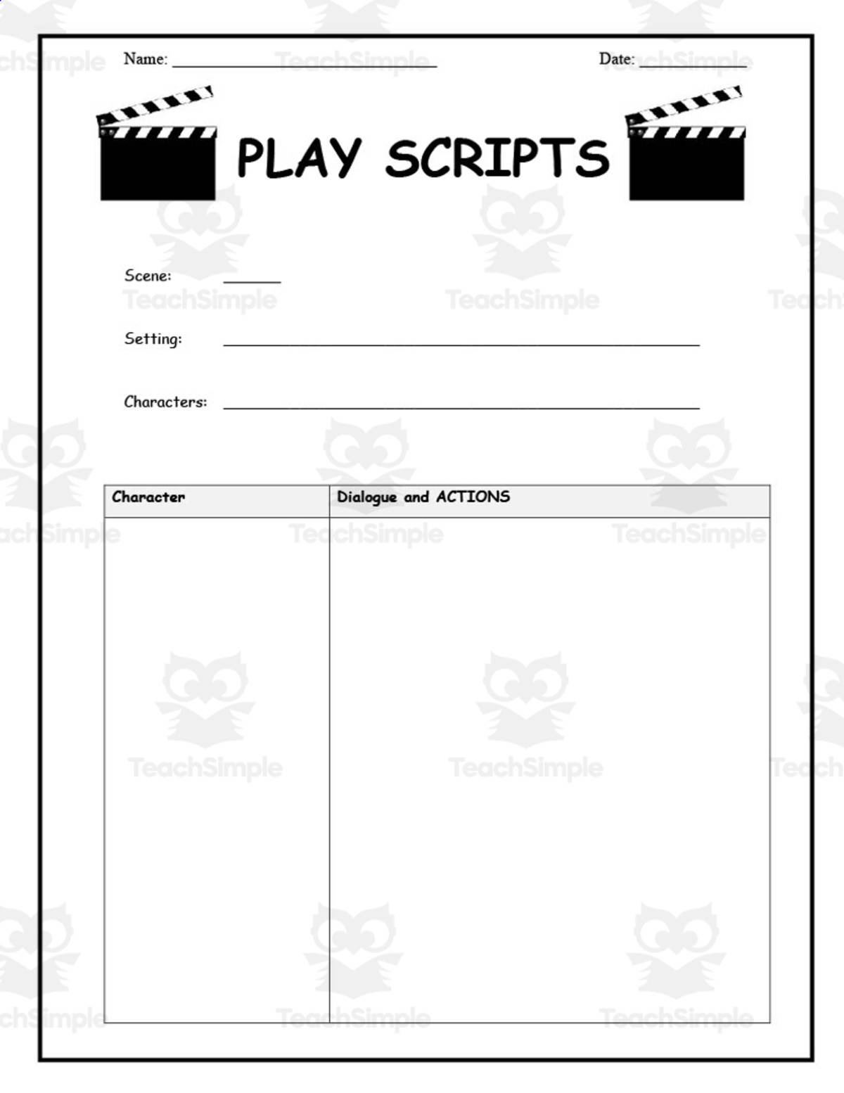 An educational teaching resource from Elementary Resources 4 U entitled Script Writing Template 2 downloadable at Teach Simple.