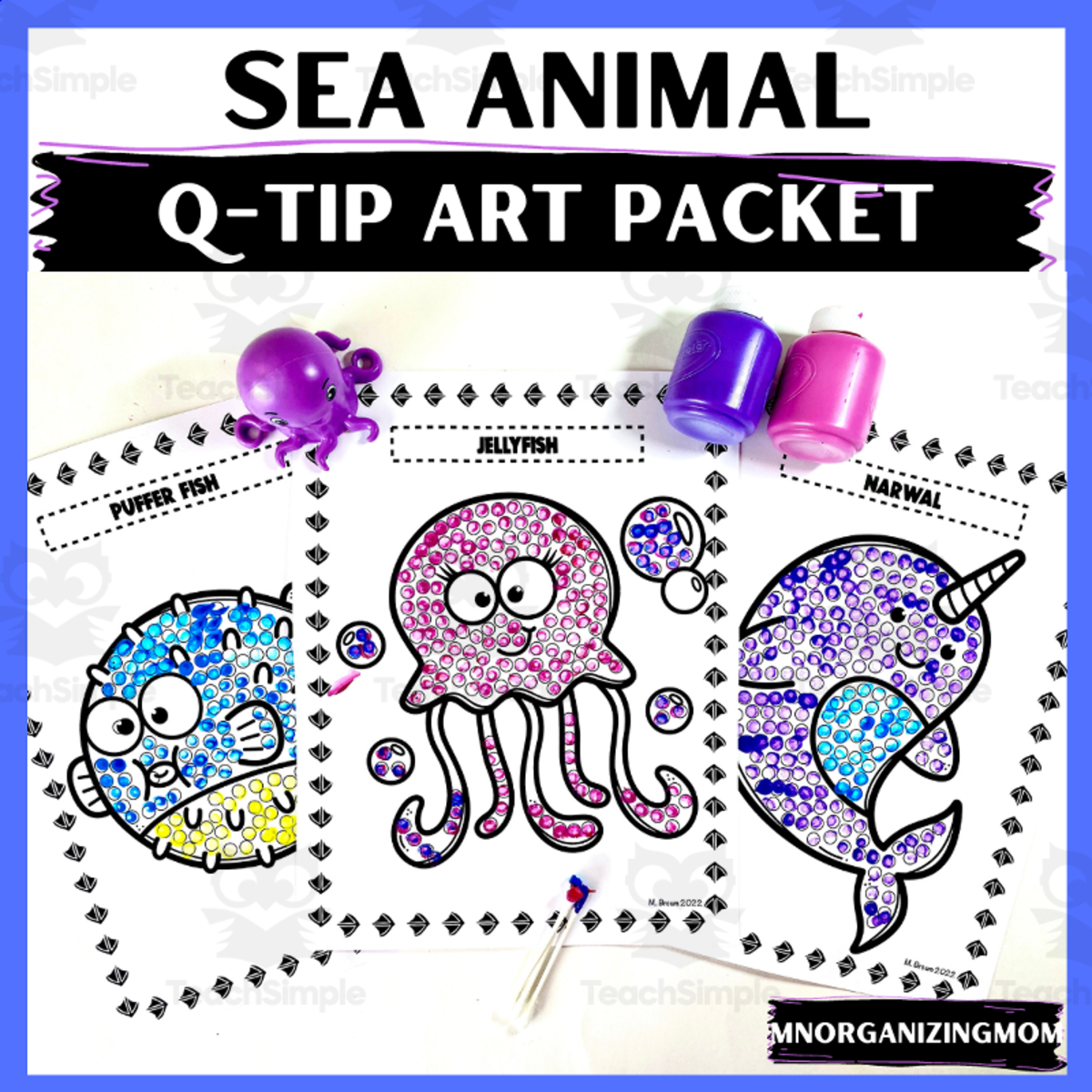 An educational teaching resource from mnorganizingmom entitled Sea Animal Q-Tip Art Packet downloadable at Teach Simple.