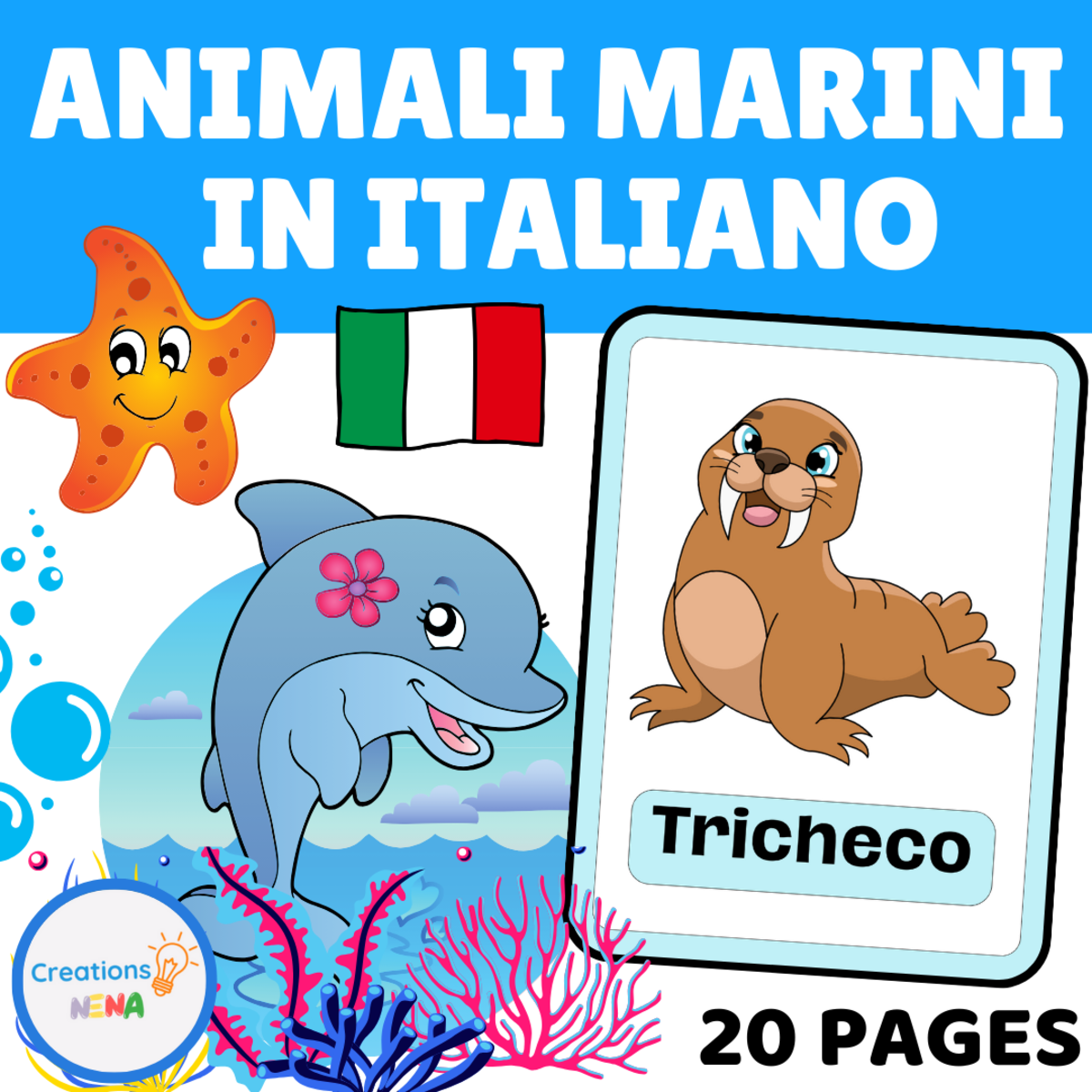An educational teaching resource from Nena Creations entitled Sea Animals in Italian. downloadable at Teach Simple.