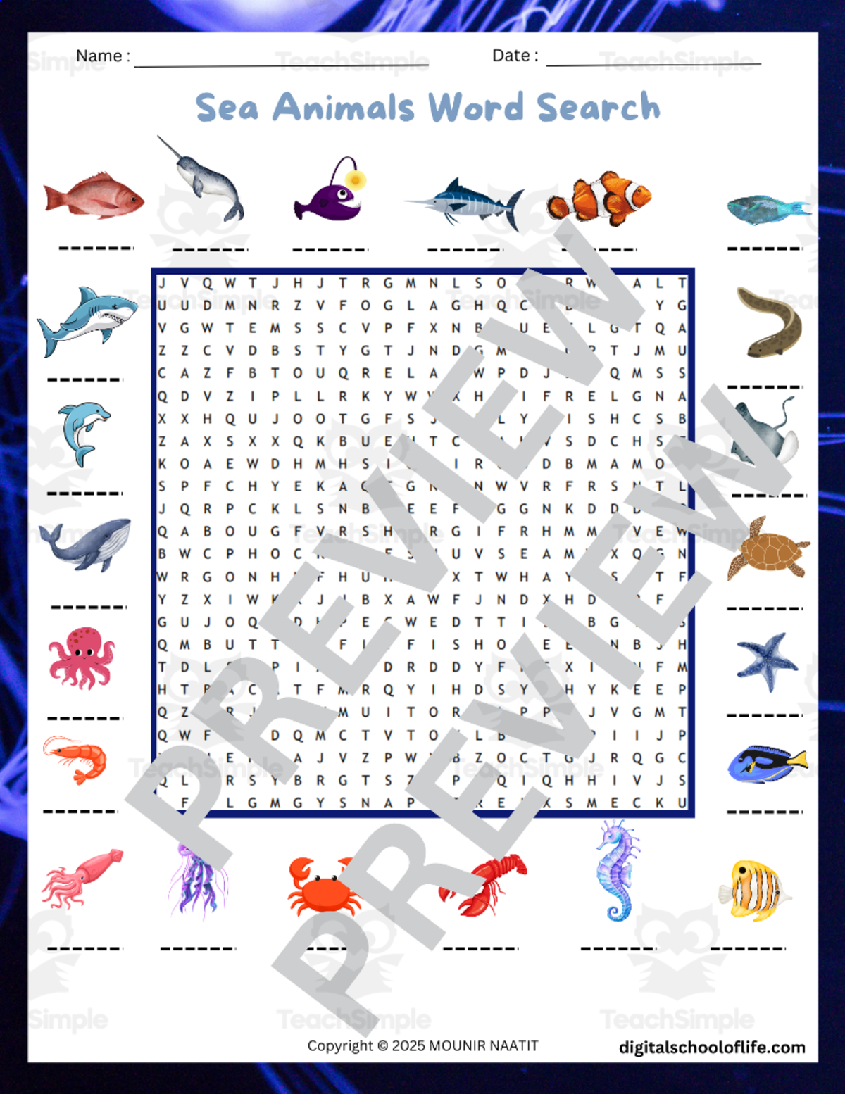 An educational teaching resource from DIGITAL SCHOOL OF LIFE entitled Sea Animals Word Search Puzzle – Fish Names Word Game downloadable at Teach Simple.