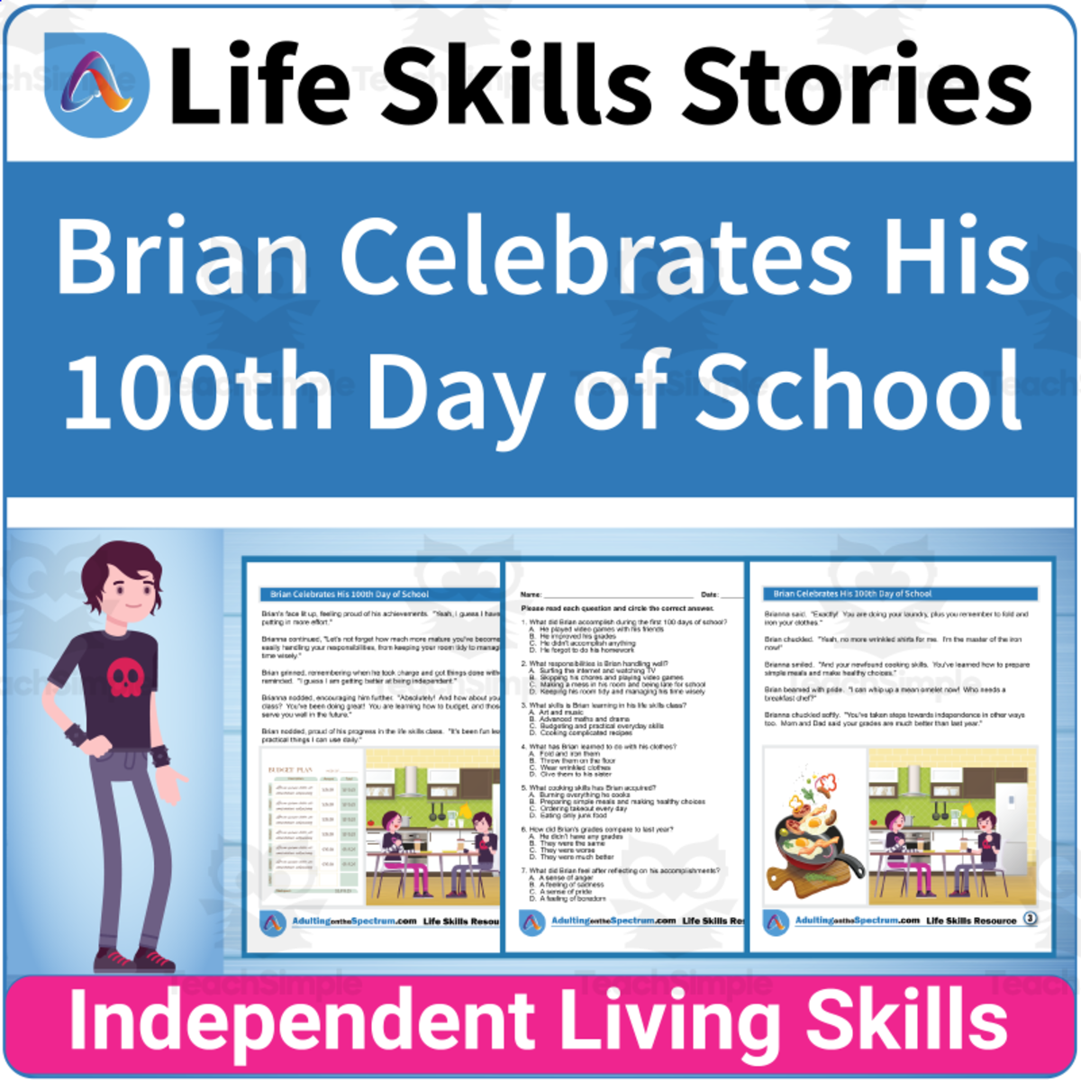 An educational teaching resource from Adulting Life Skills Resources entitled Seasonal Life Skills - Brian Celebrates His 100th Day of School downloadable at Teach Simple.