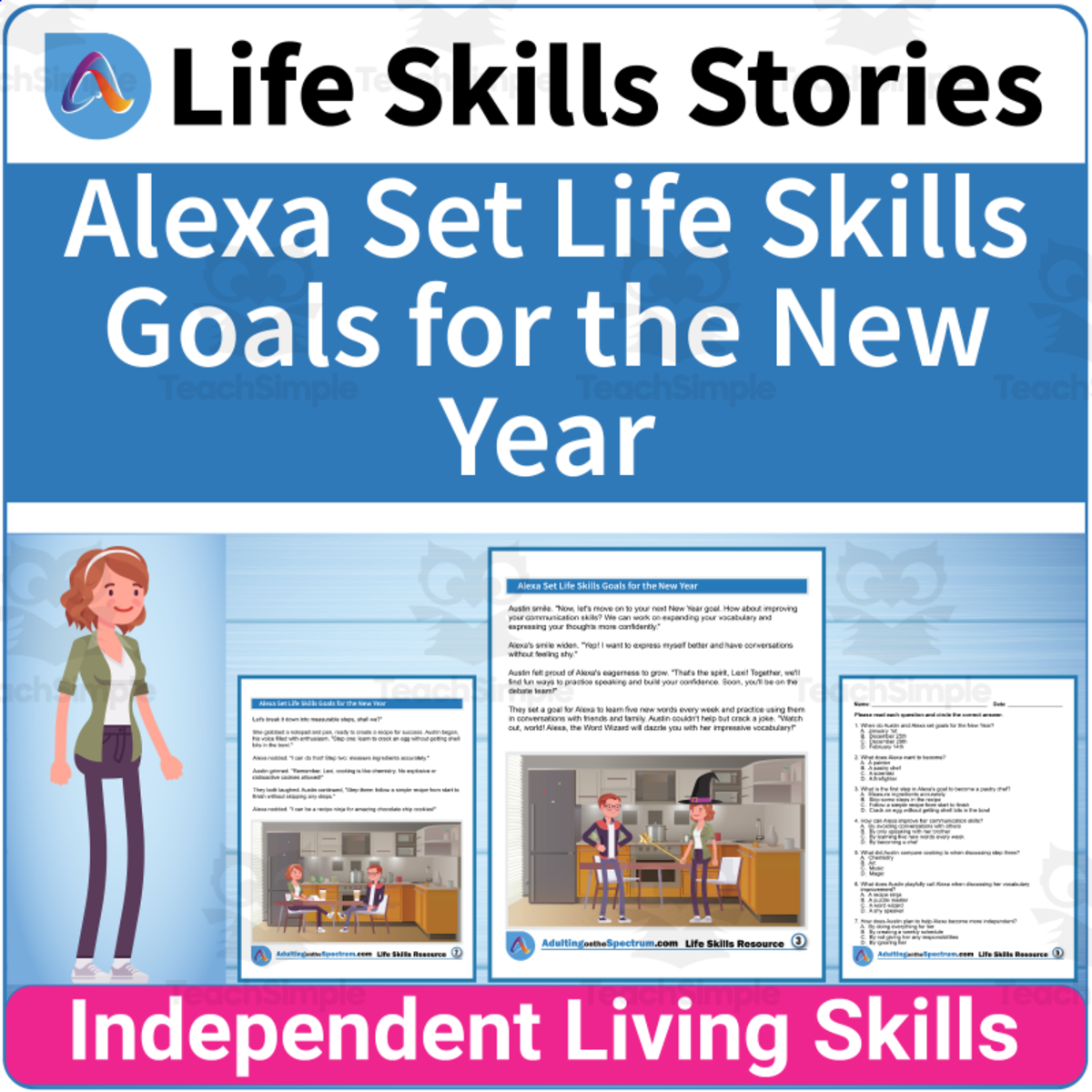 An educational teaching resource from Adulting Life Skills Resources entitled Seasonal Life Skills Worksheet - Alexa Set New Year's Goals downloadable at Teach Simple.