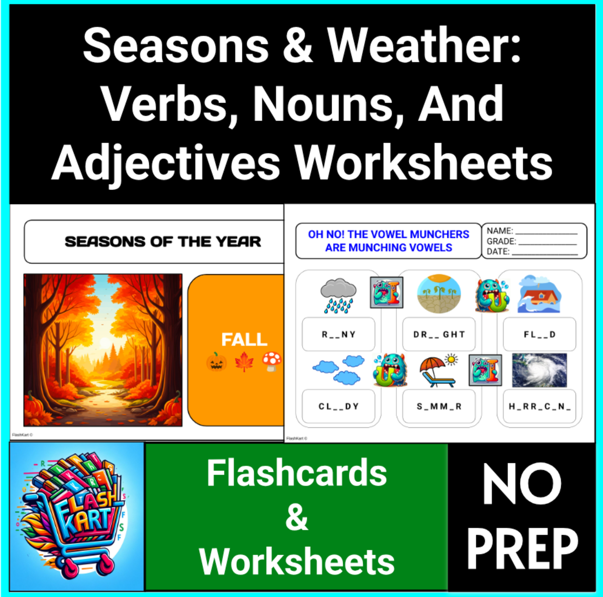 An educational teaching resource from FlashKart entitled Seasons & Weather Verbs, Nouns, & Adjectives Worksheets for 1st & 2nd downloadable at Teach Simple.