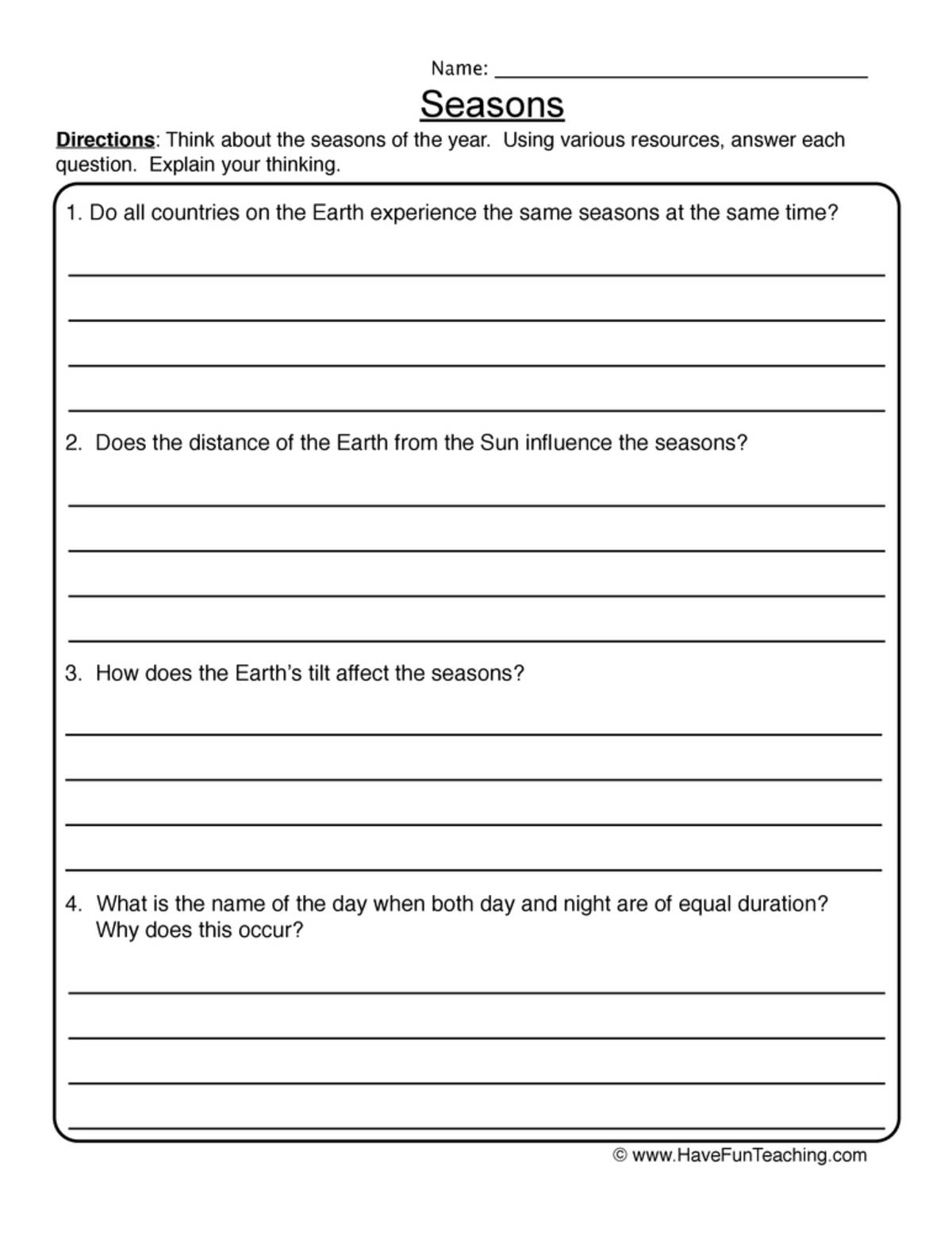 An educational teaching resource from Have Fun Teaching entitled Seasons Causes Worksheet downloadable at Teach Simple.