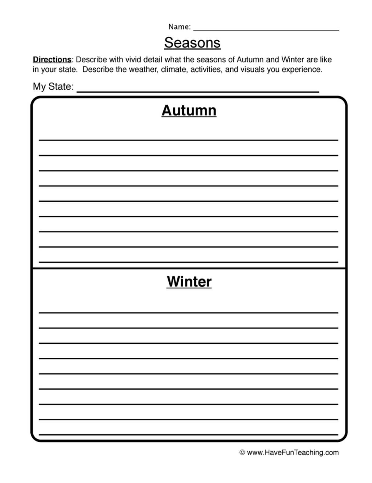 An educational teaching resource from Have Fun Teaching entitled Seasons Descriptions Worksheet downloadable at Teach Simple.