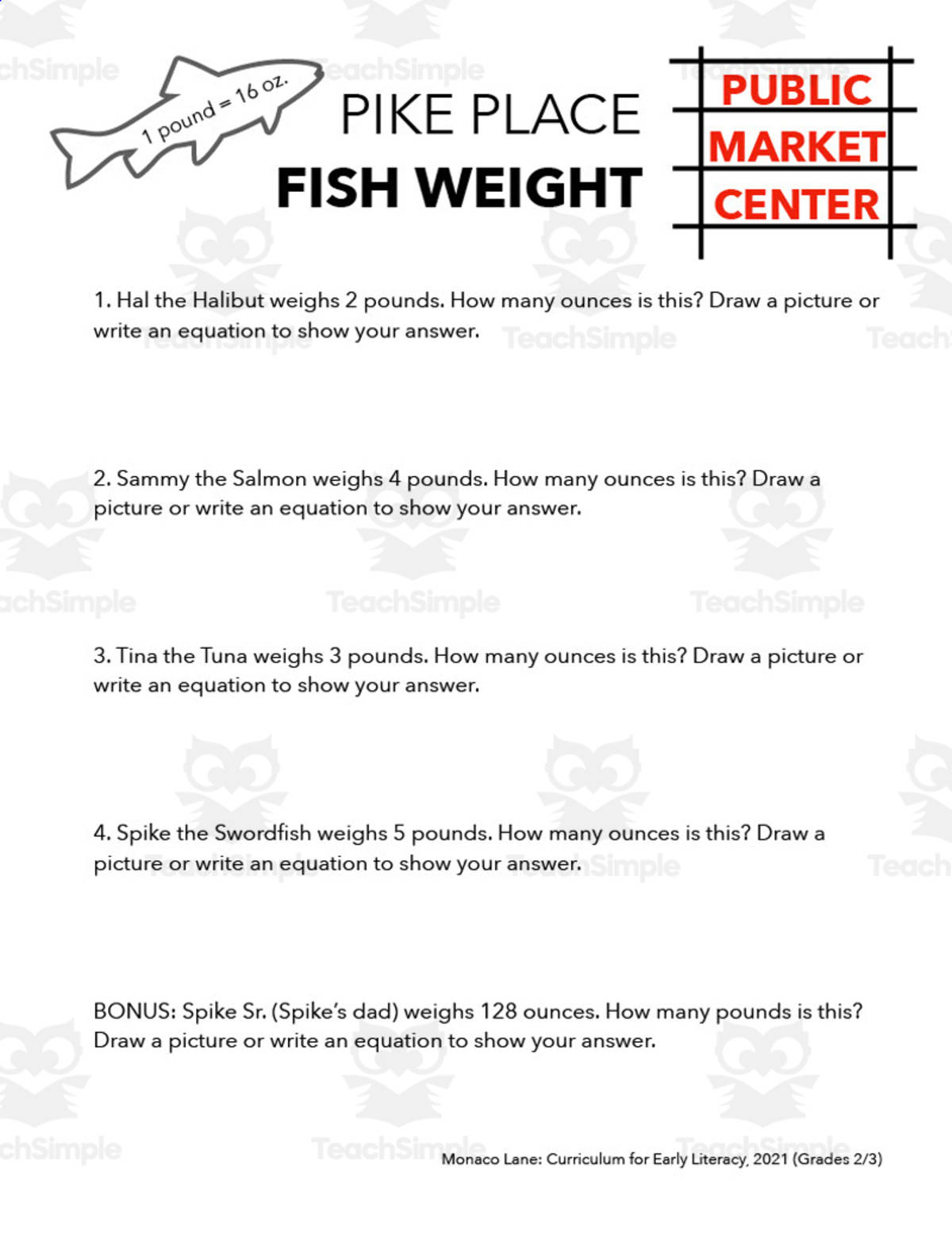 An educational teaching resource from Monaco Lane Curriculum for Early Literacy entitled Seattle Math Worksheet downloadable at Teach Simple.