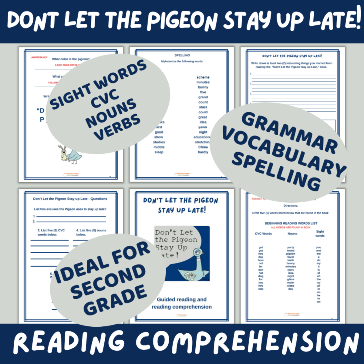 An educational teaching resource from Homeschooling Dietitian Mom entitled Second Grade Reading Comprehension - Don't Let the Pigeon Stay up Late downloadable at Teach Simple.