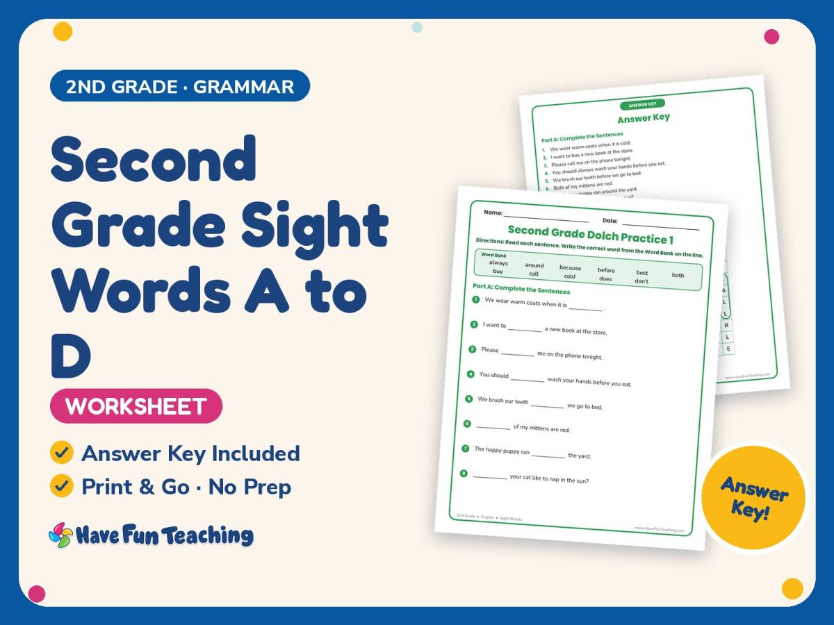 Second Grade Sight Words A to D Worksheet – 2nd Grade Dolch Words preview
