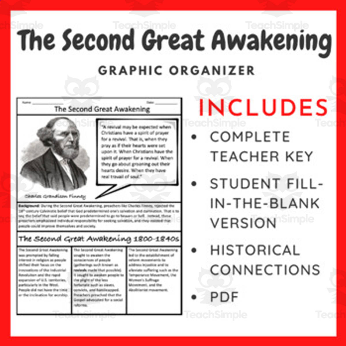 An educational teaching resource from EduPal Learning entitled Second Great Awakening: Graphic Organizer downloadable at Teach Simple.