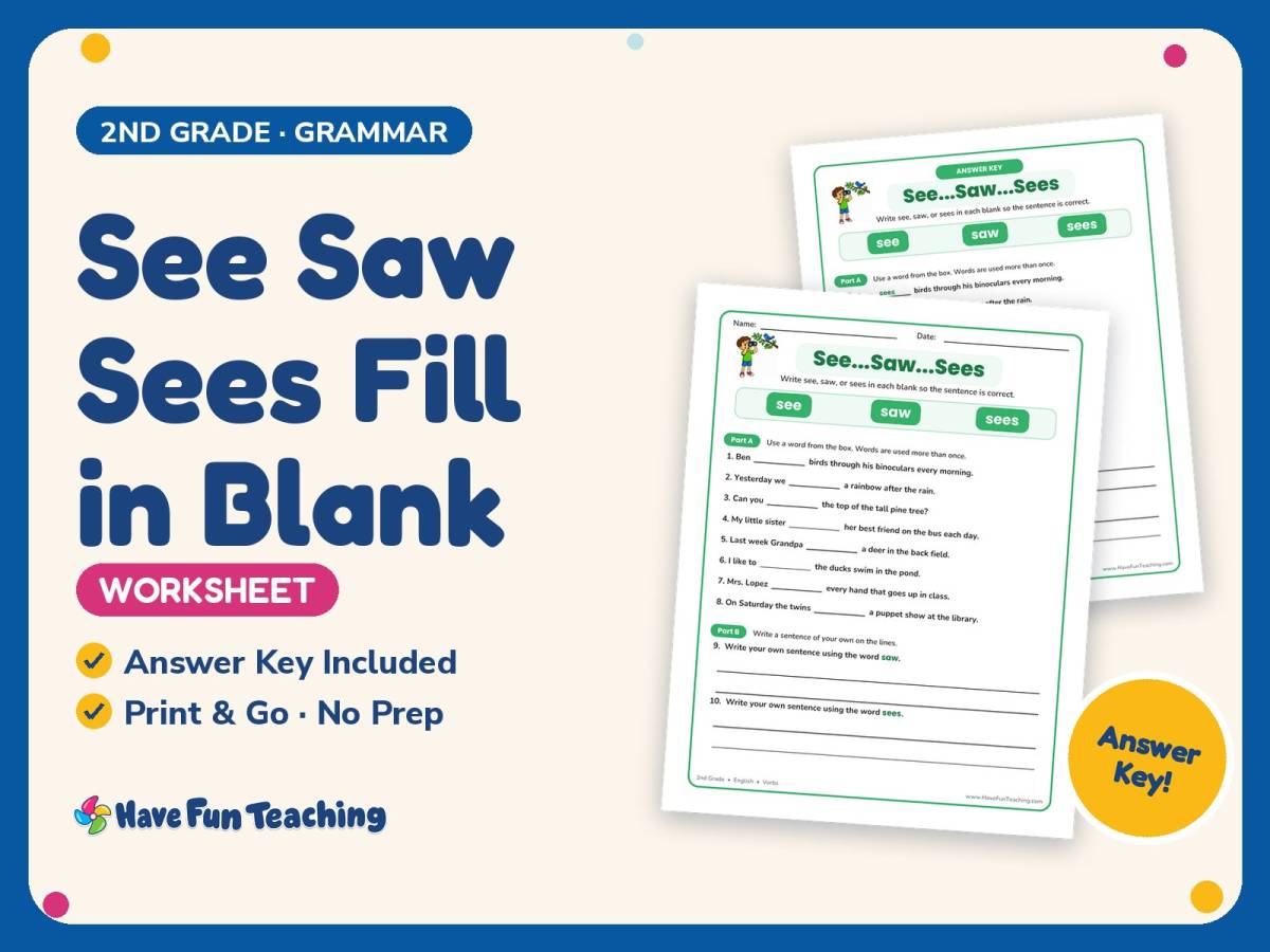 See Saw Sees Fill in Blank Worksheet – 2nd Grade Verbs Practice preview