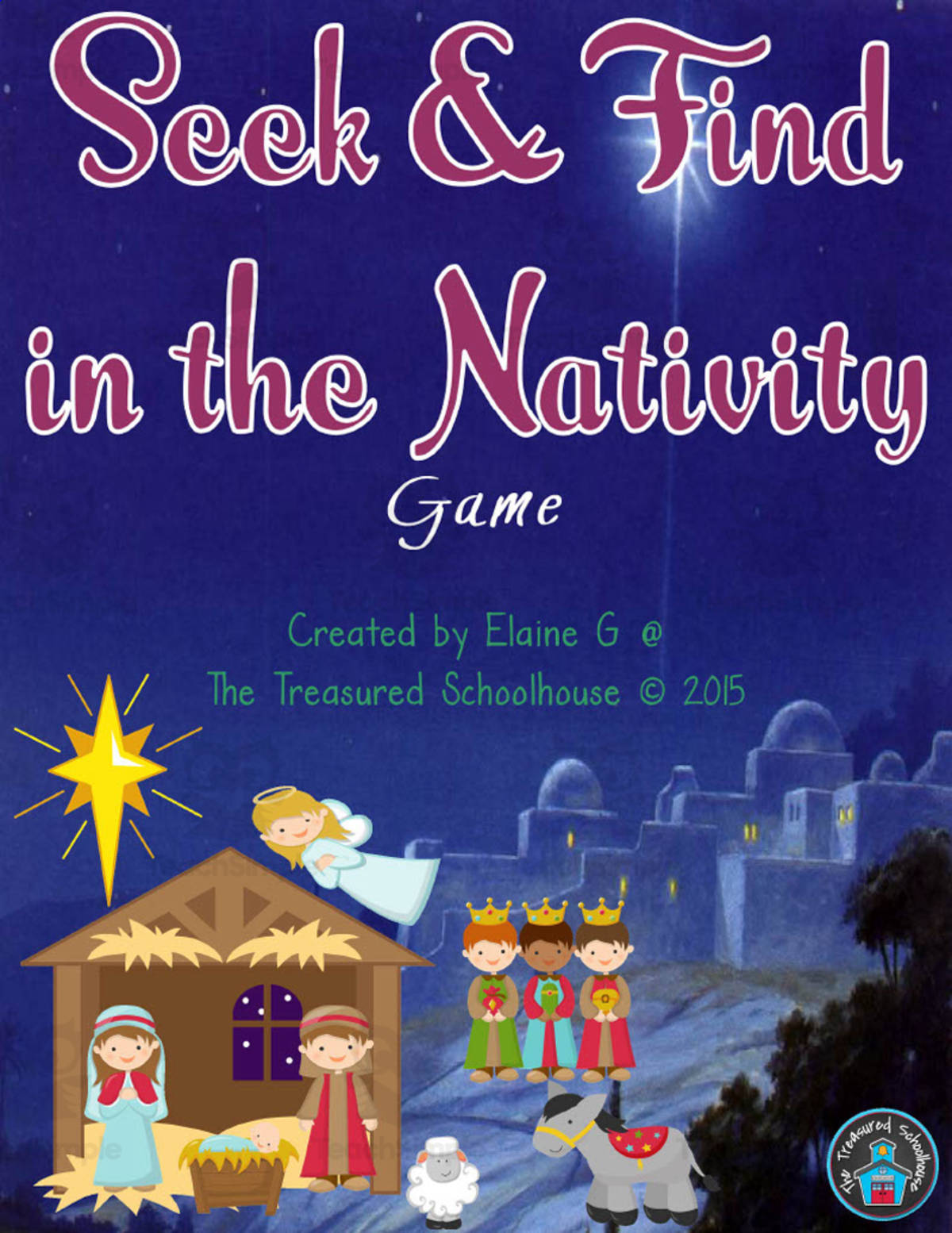 An educational teaching resource from The Treasured Schoolhouse entitled Seek + Find Nativity Game downloadable at Teach Simple.