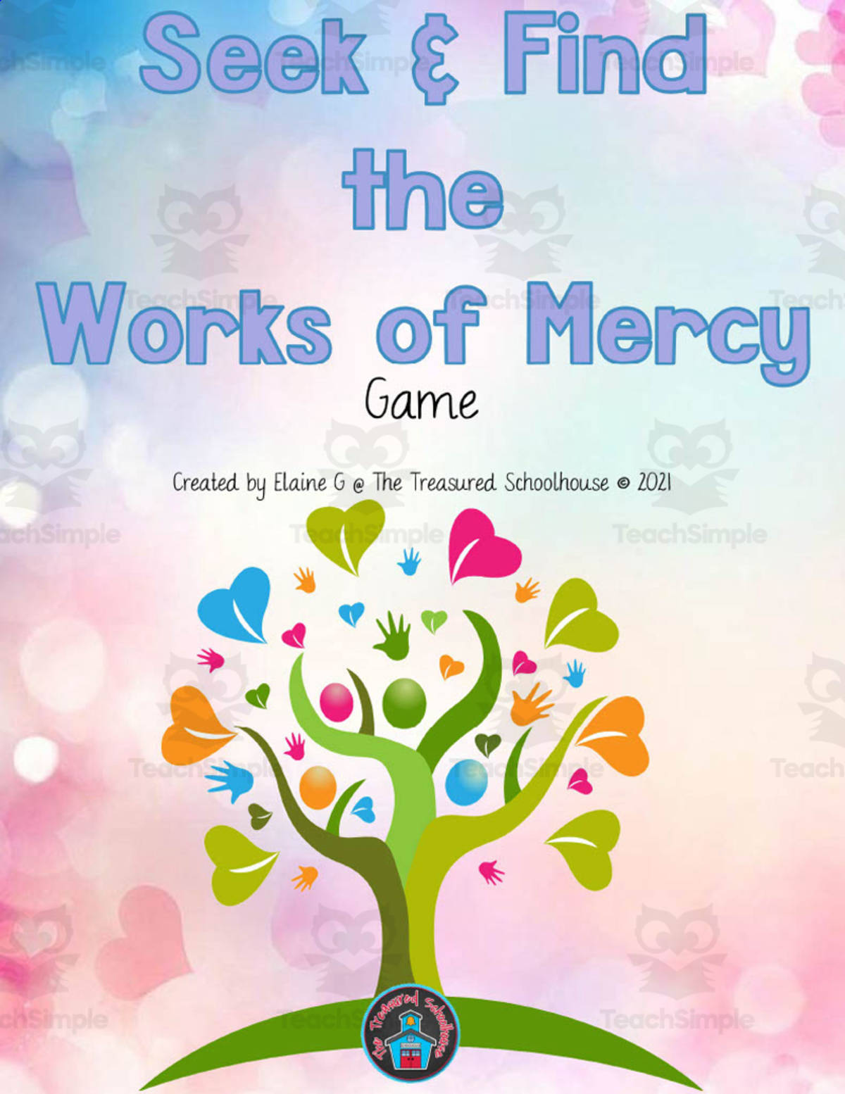 An educational teaching resource from The Treasured Schoolhouse entitled Seek + Find Works of Mercy Game downloadable at Teach Simple.