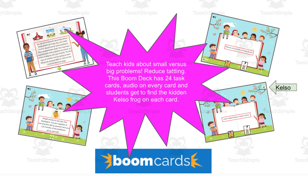 An educational teaching resource from Jennifer Moyer Taylor entitled SEL Boom Deck-Big Versus Small Problems With Audio and Hidden Kelso! downloadable at Teach Simple.