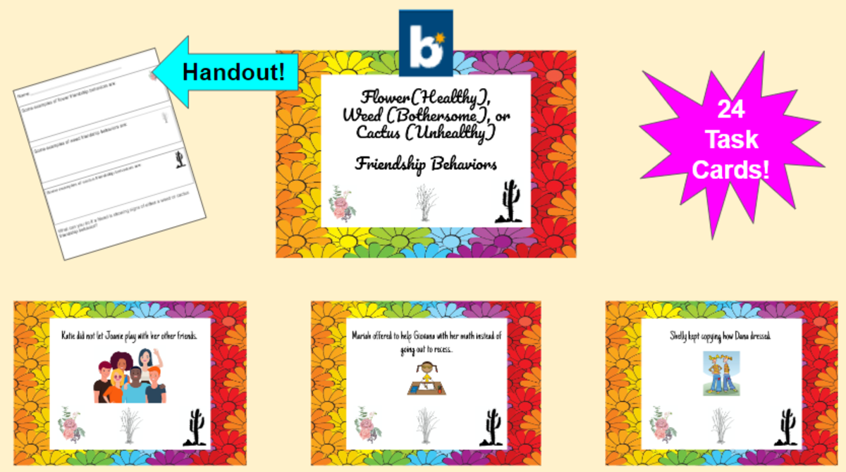 An educational teaching resource from Jennifer Moyer Taylor entitled SEL Boom Deck-Flower, Weed and Cactus Friendship Behaviors & Handout downloadable at Teach Simple.
