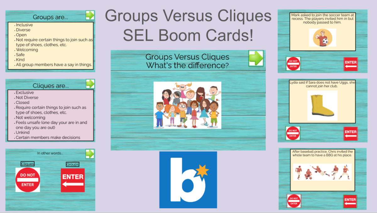 An educational teaching resource from Jennifer Moyer Taylor entitled SEL Boom Deck-Groups Versus Cliques downloadable at Teach Simple.