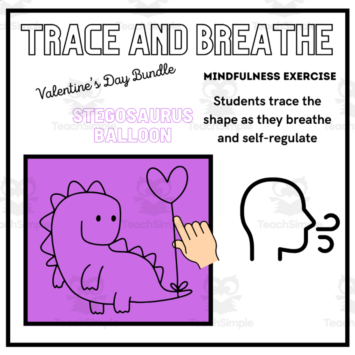 An educational teaching resource from Mrs Bonie Just Teach entitled SEL: DINO Mindfulness Breathing Calming Activity Valentine's Day downloadable at Teach Simple.
