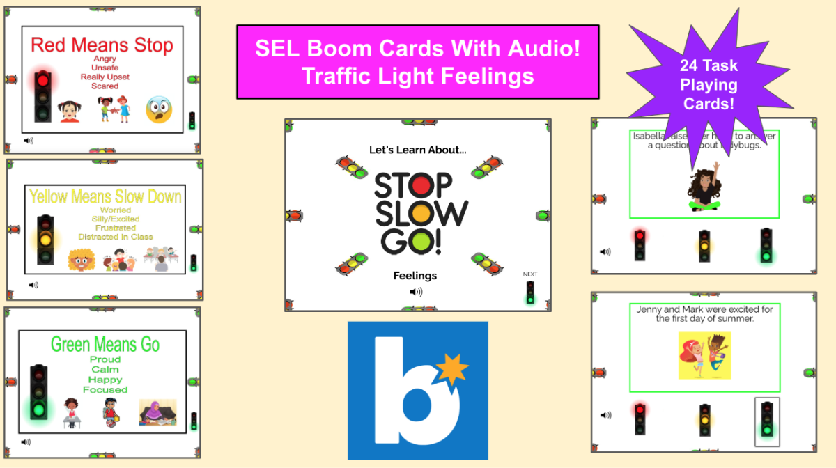An educational teaching resource from Jennifer Moyer Taylor entitled SEL Presentations Boom Deck-Traffic Light Feelings With Audio downloadable at Teach Simple.