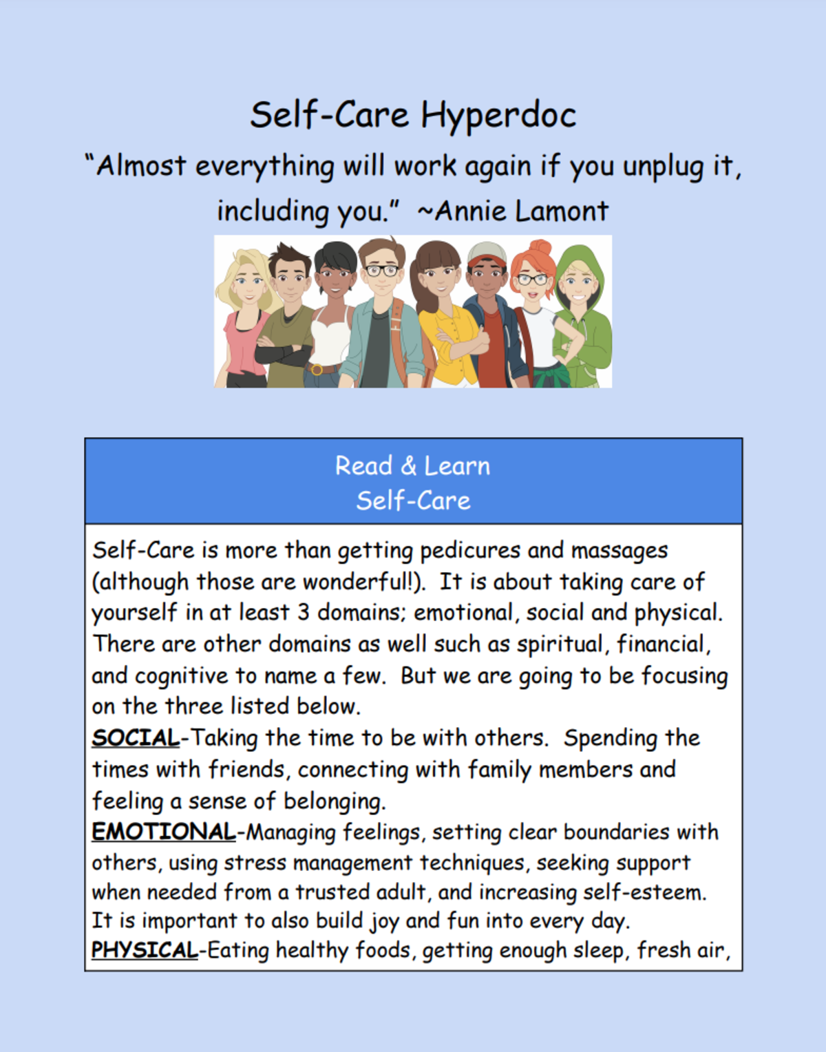 An educational teaching resource from Jennifer Moyer Taylor entitled Self-Care Hyperdoc downloadable at Teach Simple.