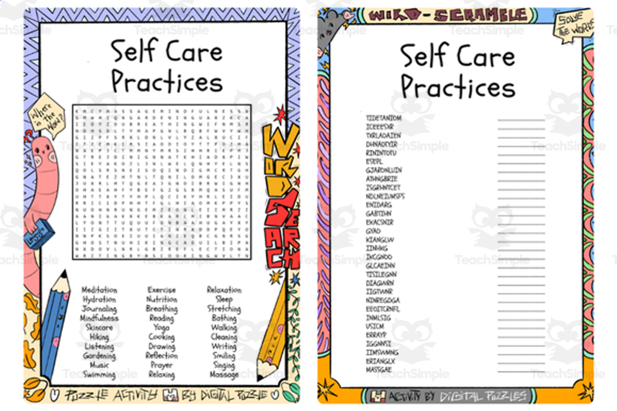 An educational teaching resource from Lapiiin Art Activities entitled Self Care Practices word search and word scramble downloadable at Teach Simple.