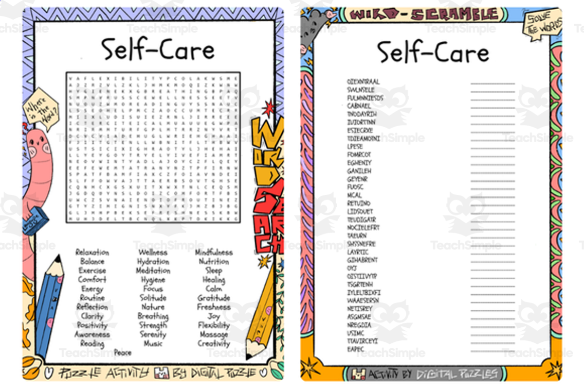 An educational teaching resource from Lapiiin Art Activities entitled Self-Care word search & scramble downloadable at Teach Simple.