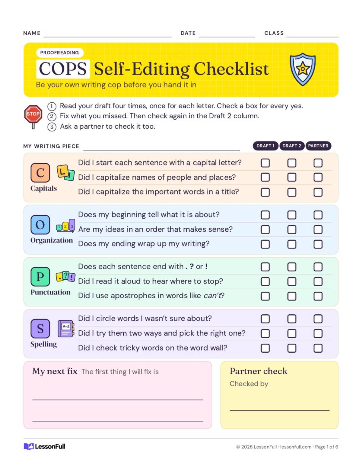 COPS Writing Checklist - Student Self-Editing Cards preview