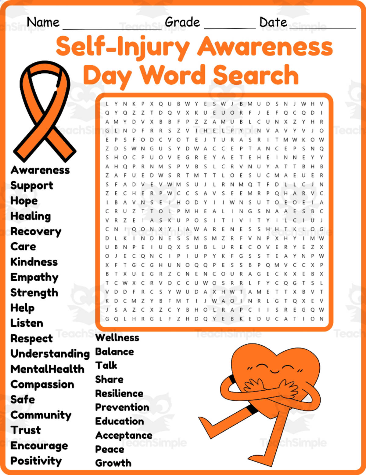 An educational teaching resource from Classsimple entitled Self-Injury Awareness Day Word Search 2nd, 3rd, 4th & 5th Grade downloadable at Teach Simple.