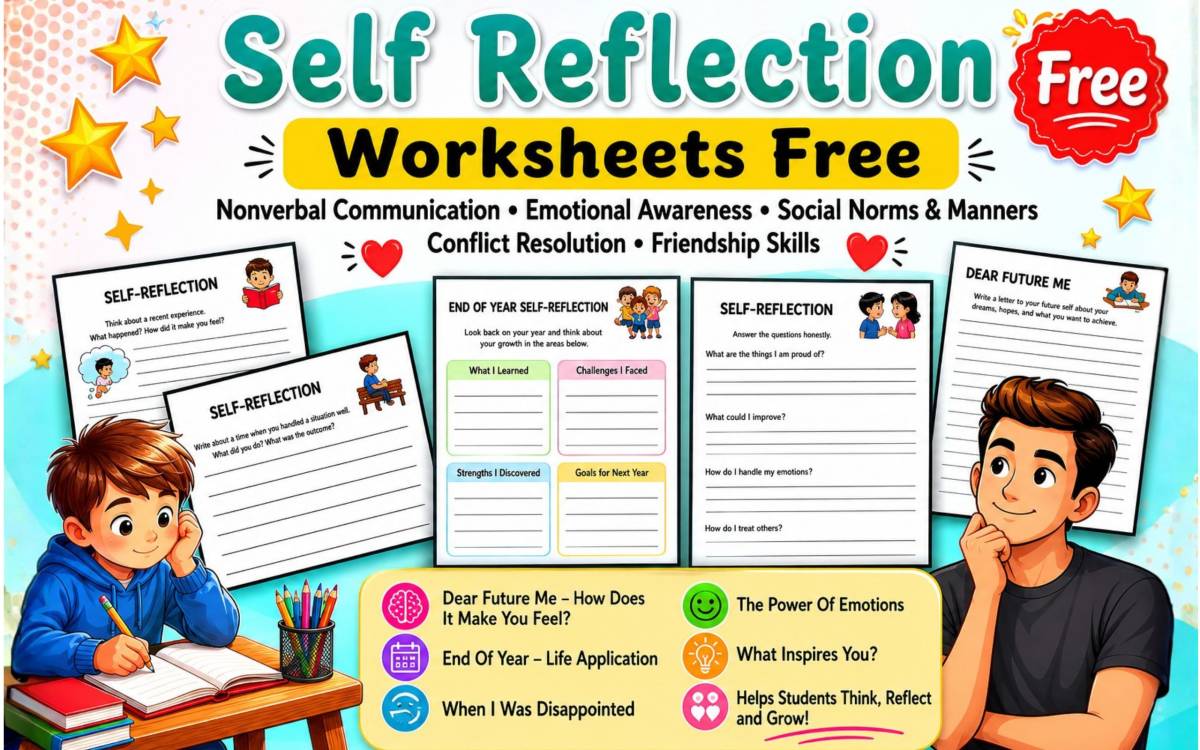 An educational teaching resource from life skills learning store entitled Self Reflection Worksheets | Emotional Awareness, & Growth Activities downloadable at Teach Simple.
