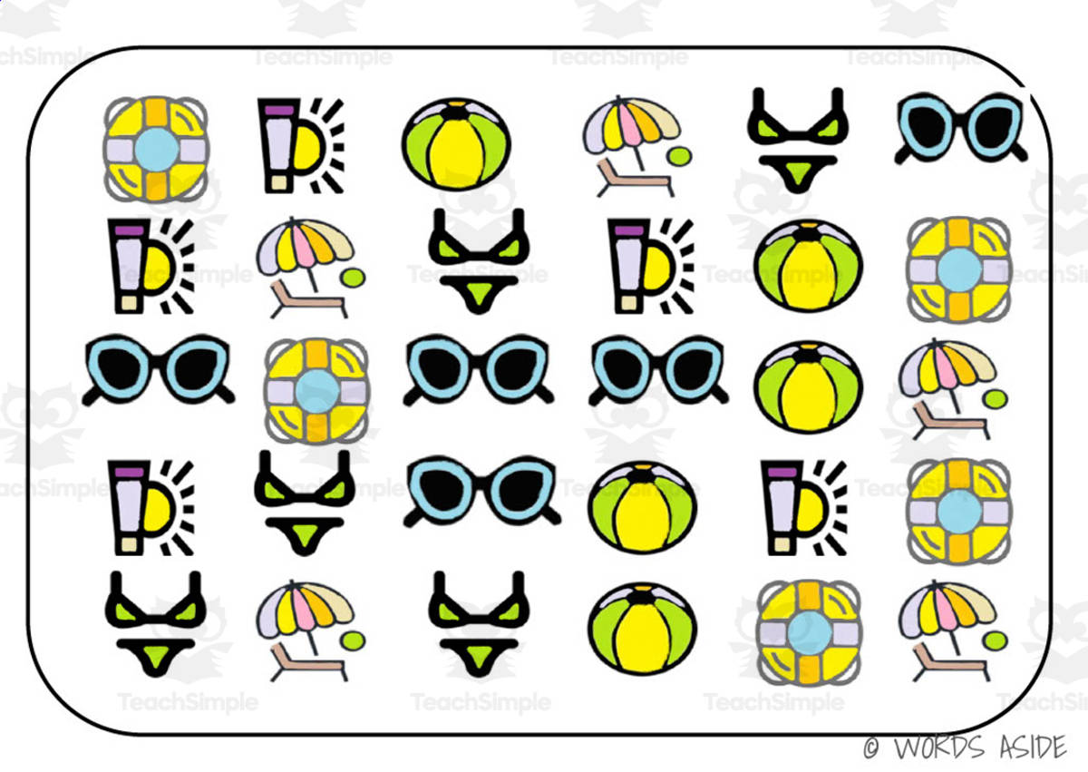 An educational teaching resource from WORDS ASIDE entitled Semantic Themed Activity Boards Set 32: SWIM ITEMS downloadable at Teach Simple.