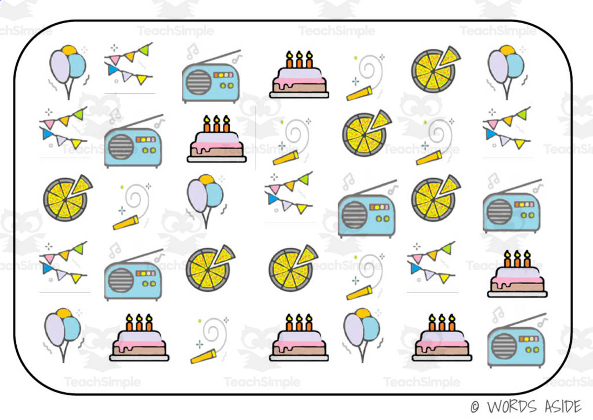 An educational teaching resource from WORDS ASIDE entitled Semantic Themed Activity Boards Set 33: PARTY SUPPLIES downloadable at Teach Simple.