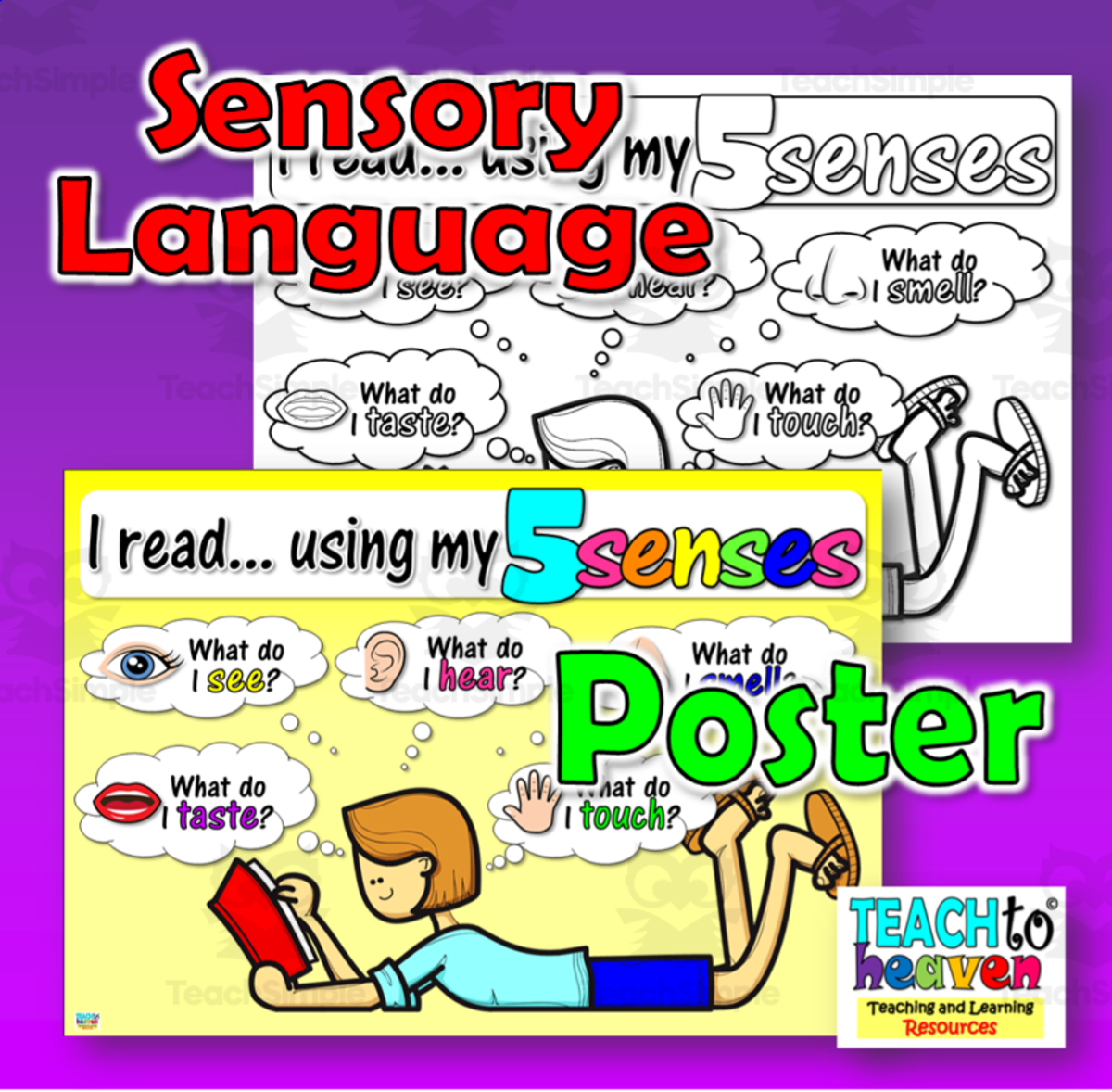 An educational teaching resource from Teach To Heaven,  Reoulita.com entitled Sensory Language: Poster 1 (I read using my 5 senses...) downloadable at Teach Simple.