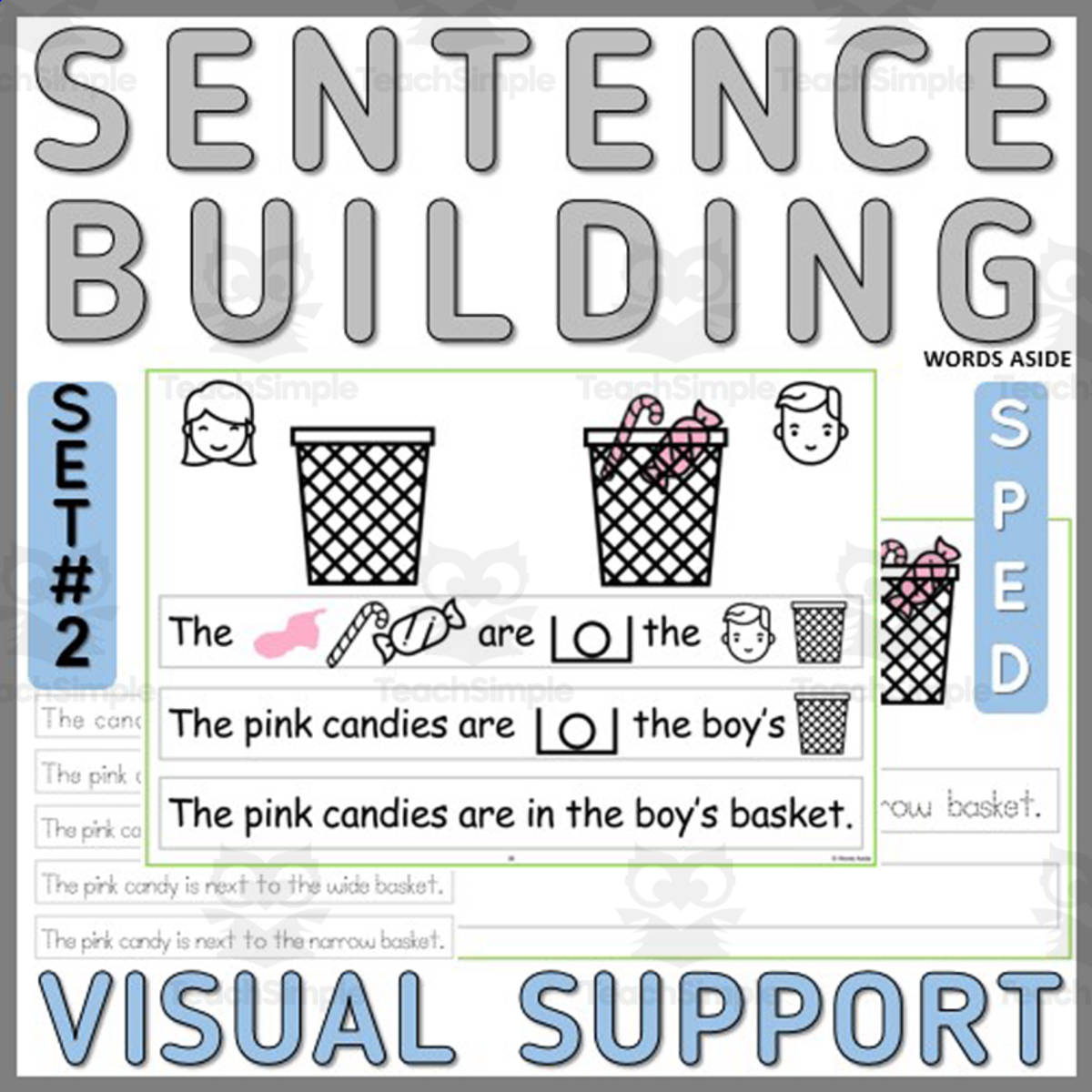 An educational teaching resource from WORDS ASIDE entitled Sentence Building with Visual Structure Task Cards Center 2 downloadable at Teach Simple.