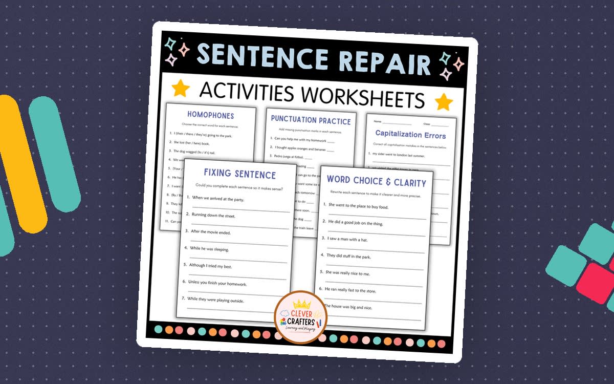 An educational teaching resource from Clever Crafters entitled Sentence Repair Worksheet - Editing Capitals, Spelling and Punctuation downloadable at Teach Simple.