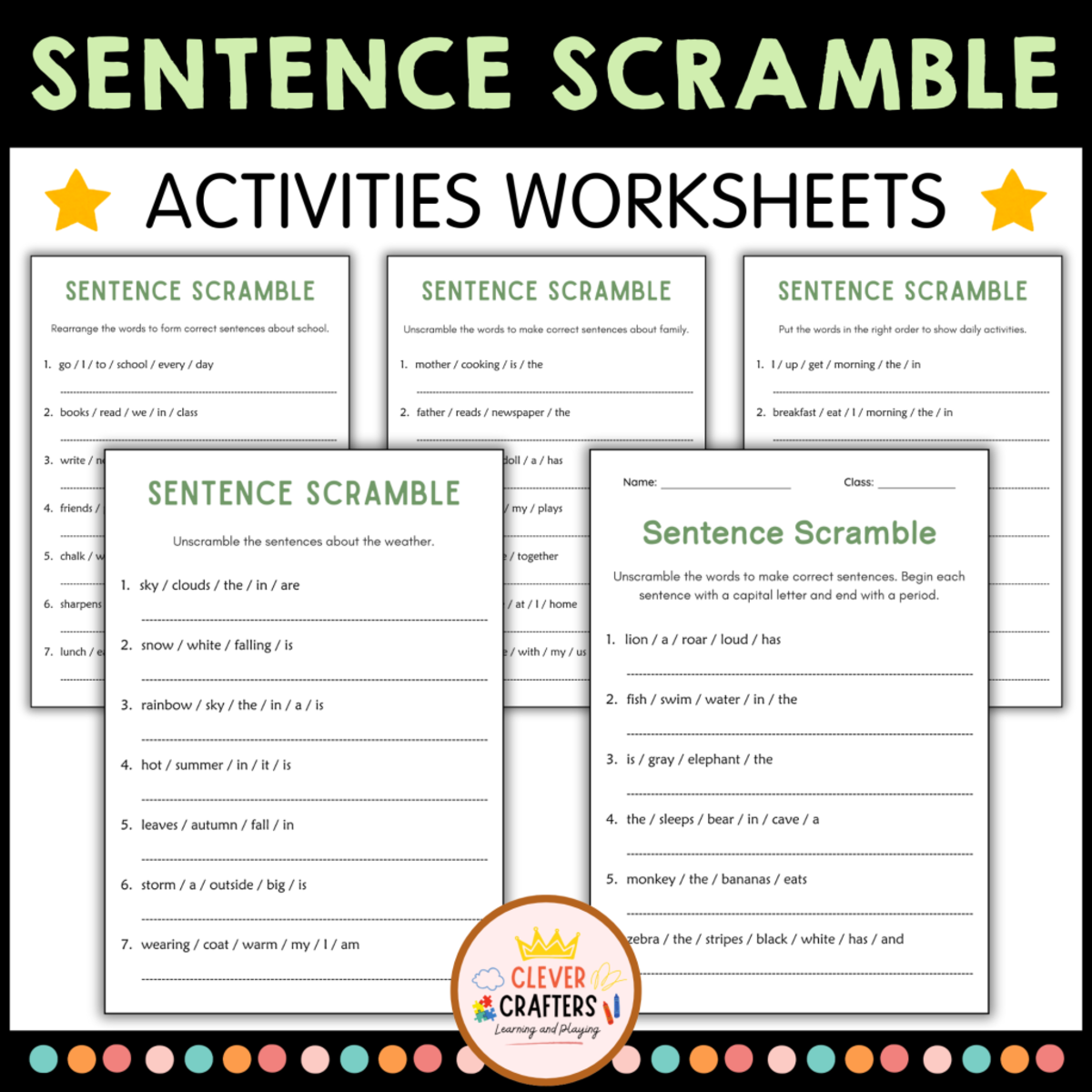 An educational teaching resource from Clever Crafters entitled Sentence Scramble – 12 Grammar Worksheets downloadable at Teach Simple.