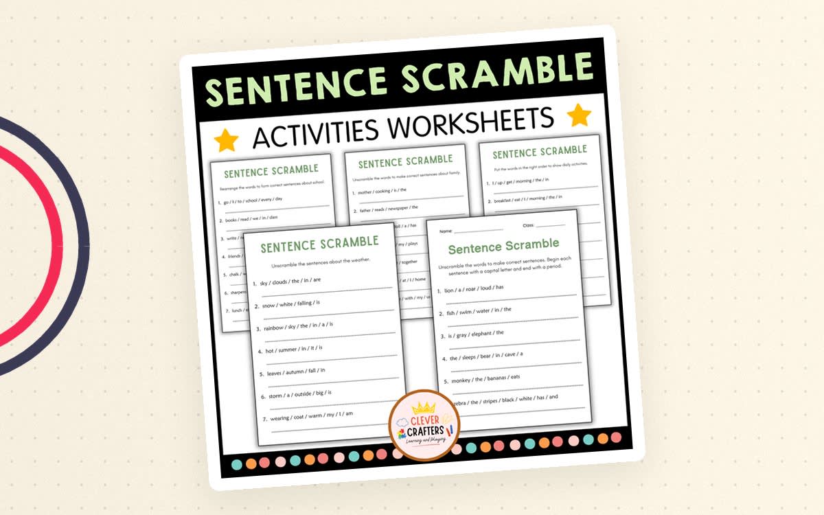 An educational teaching resource from Clever Crafters entitled Sentence Scramble – 12 Grammar Worksheets downloadable at Teach Simple.