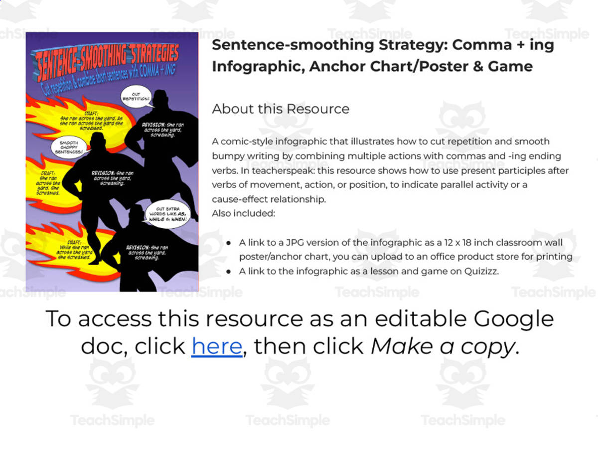An educational teaching resource from Room2Ruminations entitled Sentence-Smoothing Strategy: Comma + ing downloadable at Teach Simple.