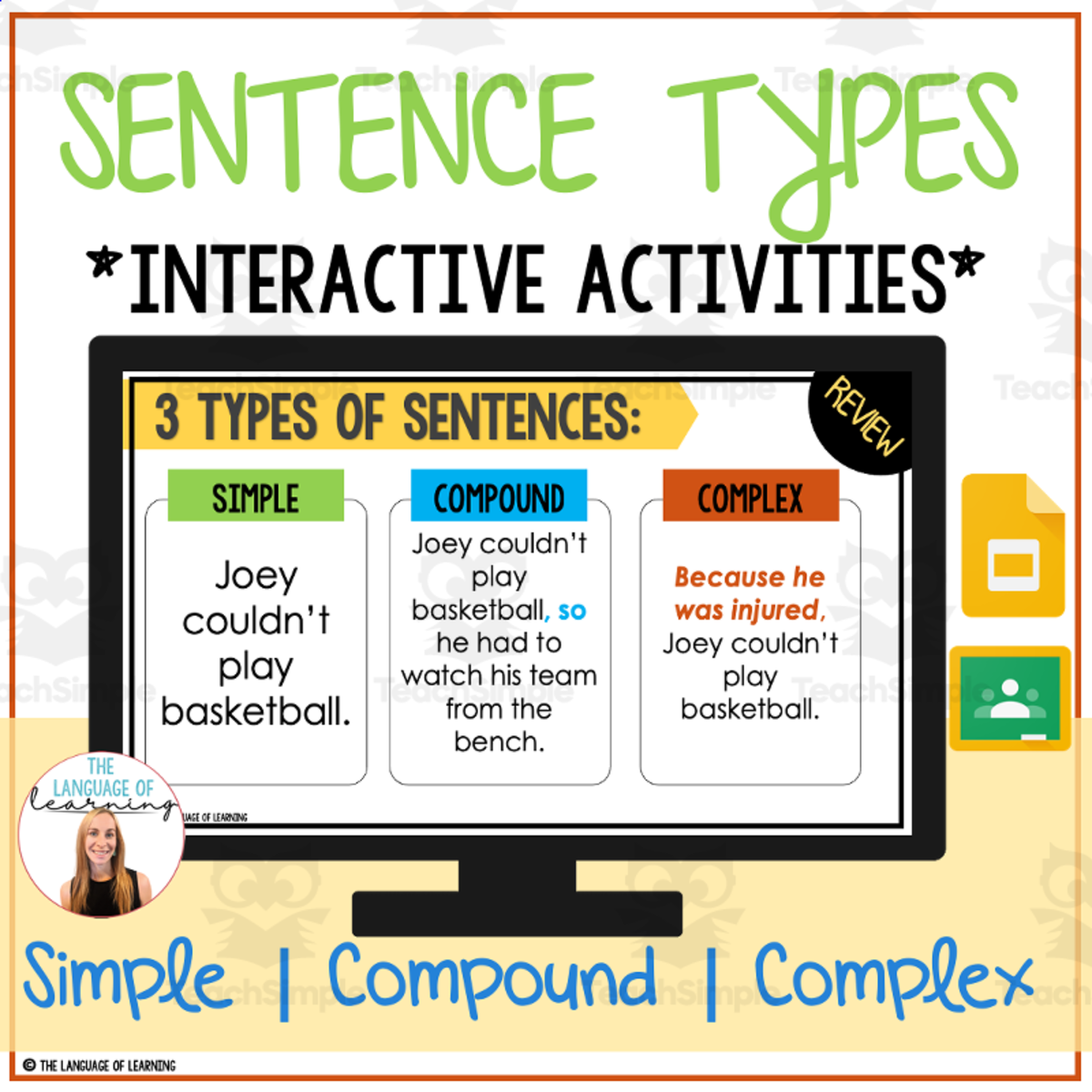 An educational teaching resource from The Language of Learning entitled Sentence Structure Interactive Lessons: Simple, Compound & Complex downloadable at Teach Simple.